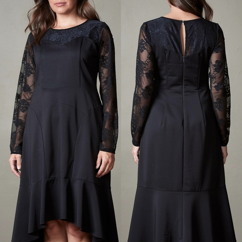 Rickie Freeman for Teri Jon Black Lace-Sleeve Midi Dress - Picture 2 of 2